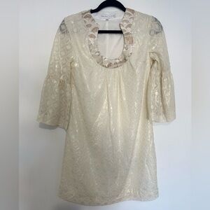 TRINA TURK Bonita Bell Sleeve Dress Gold Whitewash Ivory Cream Metallic Sz 0